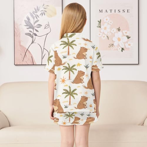 ALAZA Capybara Palm Tree Satin Pajamas Set Short Sleeve Button Down Sleepwear Summer Pjs 2 Piece4