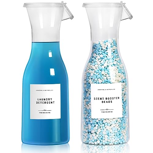 Image of Laundry Detergent Dispenser Bottle 40oz with Waterproof Label for Laundry Detergent Soap Fabric Softener Bleach Scent Booster Beads, Sturdy PET Bottle for Laundry Room Decor 2 Pack