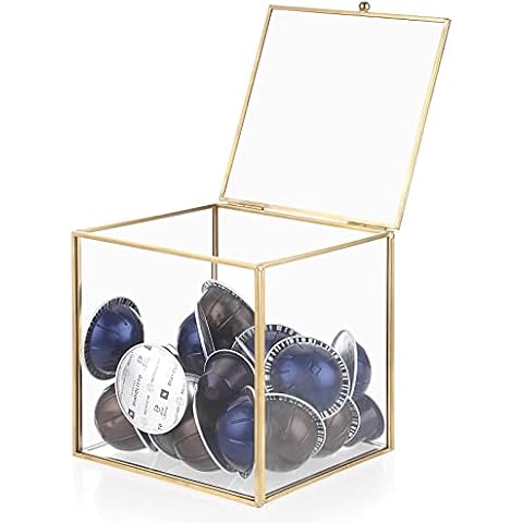 ELLDOO Gold Glass Coffee Pods Holder, Coffee Capsule Storage Box with Lid,Tea Bags Sugar Packets Storage Holder Kitchen Desktop Organizer Box, 15x15x15cm Cover