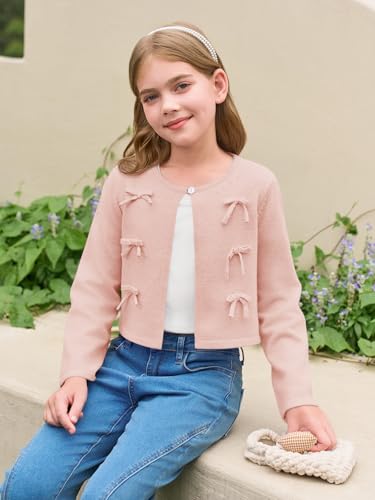 Haloumoning Girls Cropped Cardigan Sweater Kids Cute Bow Long Sleeve Knitted Sweaters Tops 5-14 Years4