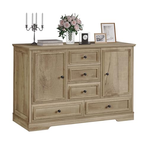 Garvee Farmhouse Sideboard Buffet Cabinet with 5 Drawers and 2 Doors, 47" Kitchen Storage Cabinet, Wood Coffee Bar Cabinet with Adjustable Shelves for Dining Room Living Room, Oak - image 1