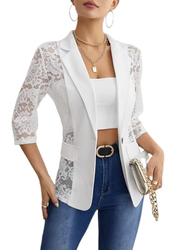 Women's Blazer Lace Mesh Crushed Cardigan Jacket 3/4 Long Sleeve Patchwork Blazer