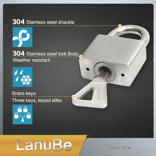 Image of LanuBe 304 Stainless Steel Keyed Alike Marine Padlocks for Outdoor use, 1-9 /16 inch Wide Body, Stainless Steel Body, Normal Shackle, Pack of 2