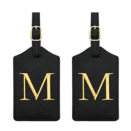 2 Pcs Initial Monogrammed PU Leather Embroidered Luggage Tags for Suitcases & Bags (M)