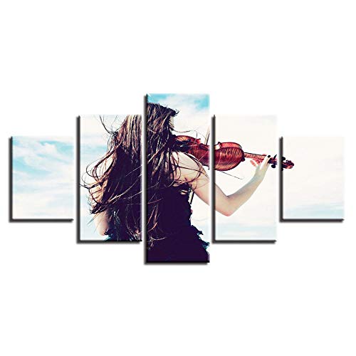 Wall Canvas Prints Wall Art Woman Playing Violin Bedroom Deco Paintings Hd Prints On Canvas 5 Panel Artwork Paintings Home Decor Giclee Framed Gallery-Wrapped Stretched Ready To Hang