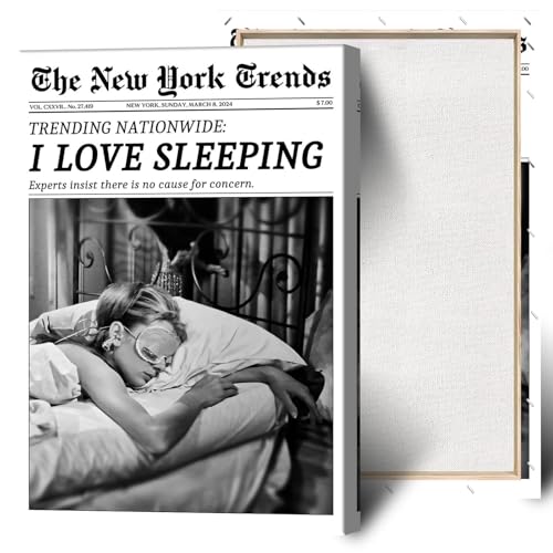 Beshdomp Vintage I Love Sleeping Posters Black And White Newspaper Canvas Wall Art New York Times Magazine Headline Prints Painting For Home Bedroom Dorm Bar Cart Wall Decor 12x16in Framed