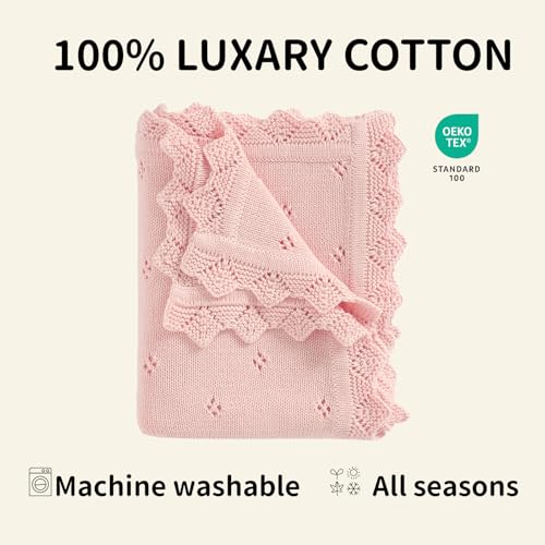 Image of mimixiong Cotton Baby Blanket Knitted Crochet Receiving Crib | Nursery Swaddling Blankets for Newborn Baby Boy Girl Pastel Pink 30x40 Inch