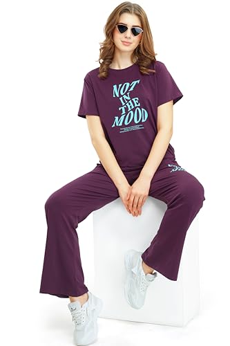 Image of ZEYO Women's Cotton Typography Wide Bottom Night Suit Set of Top & Pyjama