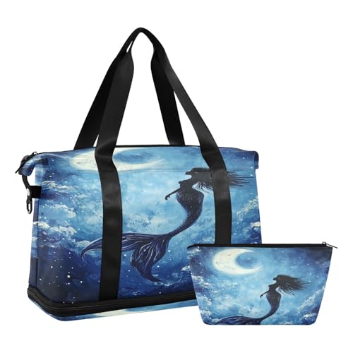 Mermaid Moon Blue Travel Duffel Bag for Women Men Gym Bag with Shoe Compartment Wet Pocket Carry On Weekender Overnight Bags for Travel Gym Yoga School2