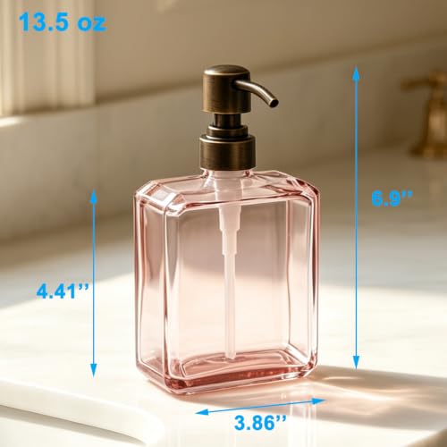 Image of Soap Dispenser Pink Rectangular, Oil Rubbed Bronze Pump, 13.5 oz | Glass Bottle, Rust Proof Stainless Steel Pump, Refillable, Hand Soap, Liquild Soap, Dish Soap, Bathroom, Kitchen