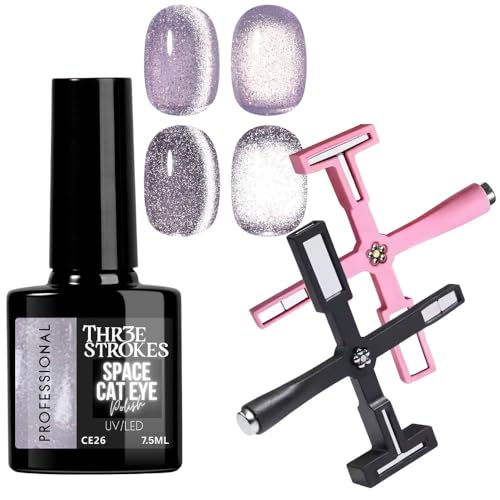 Image of THR3E STROKES 9D Cat Eye Gel Nail Polish 7.5ML - Glitter Magnetic Gel with 3D Shimmering Effect - 5 in 1 Magnet Set - UV /LED Soak Off Gel for Nail Art & DIY Manicure at Home (CE26+5IN1MAG)