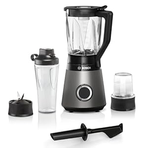 Bosch Standmixer, Smoothie Maker, 30,000 U/min, 1200 W, Edelstahl-Messer, 1,5l ThermoSafe Glasbehälter, 0,6l ToGo-Flasche, Zerkleinerer, Made in Europe, VitaPower Serie 4 MMB6177S