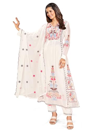 Image of FABZOO Women's Georgette Embroidery Anarkali Kurta Palazzo & Dupatta Set. (Medium, White)