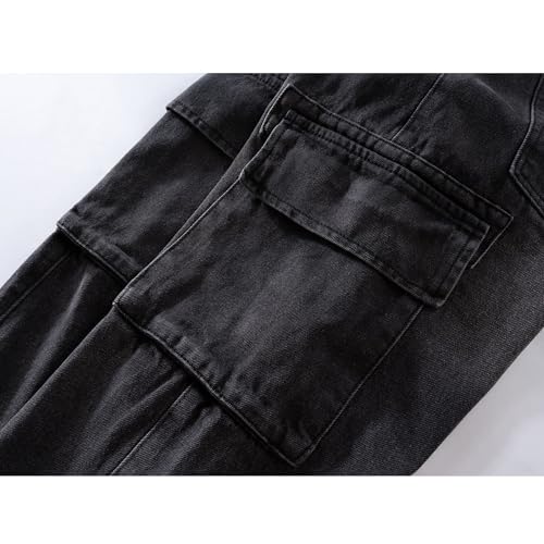 Black Gray Multi Pocket Straight Leg Pants, Unisex Washed and Ground White Jeans3