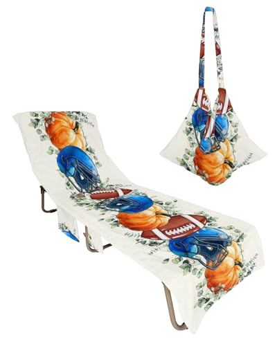 Fall Pumpkins Beach Chair Towel Covers for Chaise Lounge with Side Pocket, Soft Plush Pool Towels Cover for Patio Sunbathing Outdoor 29''x85'' Autumn Football Blue Baseball Eucalyptus