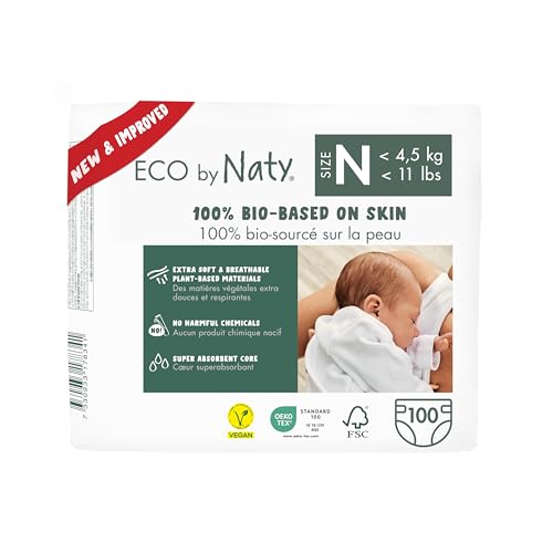 Image of Eco by Naty Eco-Friendly Baby Diapers Newborn - 100% Plant-Based Materials on Skin, Extra Soft, for Sensitive Skin & Super Absorbent (Size N, 100 Count)