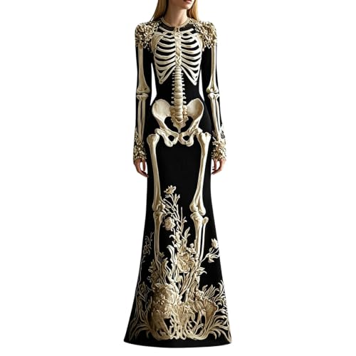 Halloween Dresses for Women 2026 Funny Floral Print Spooky Skeleton Dress - image 4