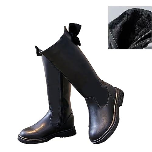 Botas De Equitación para Niña (27-37), Forro De Felpa, Diseño De Cremallera Lateral/Pajarita, Tubo Medio, Suela De Goma, Fácil De Poner Y Quitar, para Invierno,34,Black