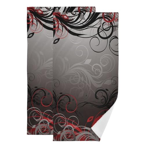 KENADVI Set di 2 asciugamani da bagno rossi e neri, morbidi e assorbenti, ispirati alla magia astratta, con foglie floreali, asciugamani decorativi per bagno, ospiti, spa, viso, capelli, palestra,