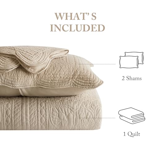 Image of Madison Park Cottage Damask Coverlet Set, 3 PC Full /Queen Quilt Set | Scallop Edge, All Season Oversized Bedding with Pre-washed Cotton-Filled Quilt, Shams, Khaki
