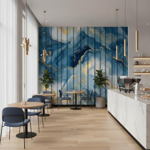 Image of Blue Gold Louvers Self-Adhesive Kitchen Wallpaper Roll, PVC 3D Wall Sticker Oil Proof, Waterproof & Washable Wallpaper for Home Decor, Living Room, Bedroom, Hotel & Cafe Walls (45x300cm)