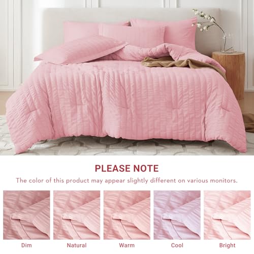 MUXHOMO 7 Pieces California King Comforter Set, Seersucker Bed in a Bag Cal King Size, All Season Luxury Bedding Set with Comforter, Flat Sheet, Fitted Sheet, Pillowcases & Shams, Pink