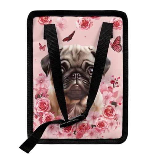 Image of Talayituse Pug Dog Flower Print Car Trash Can, Portable Auto Garbage Bin Multifunctional Vehicle Interior Accessories with Adjustable Straps Universal Fit Truck SUV Sedan