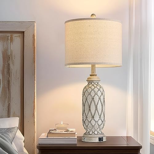 SRJJRS Farmhouse Table Lamps for Bedroom Set of 2, 28" Rustic Bedside Lamp with USB Ports, 3-Way Dimmable Nightstand Table Lamp for Living Room with Linen Drum Shade (Bulbs Included) - Image 2