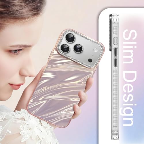 Image of Elzzi Compatible with iPhone 17 Pro Max Case | Marble Glossy Hard PC Back Cover with Diamond Camera Protector | Ultra Stylish Shockproof Back Cover Case for Girls Women-Pink