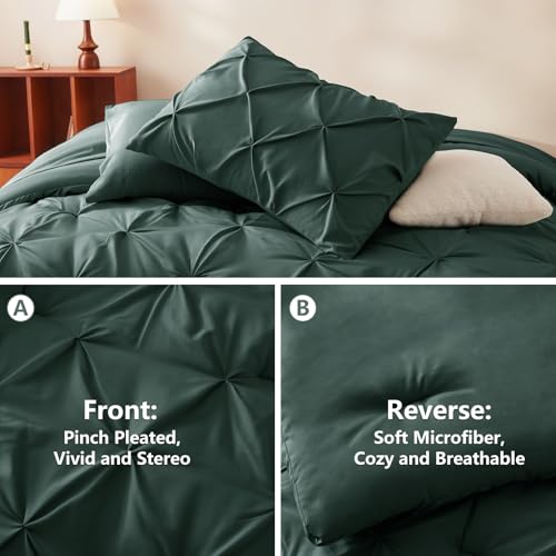 CozyLux Queen Comforter Set Forest Green, 7 Pieces Pintuck Bed in A Bag, Premium Green Comforter Queen Size, Pinch Pleat Bedding Sets with Comforter, Sheets, Pillowcases & Shams