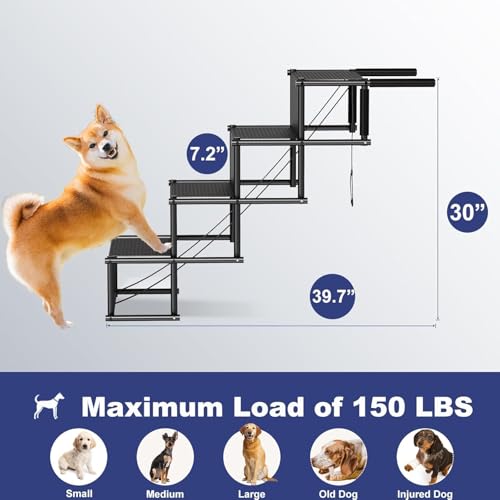 HEYOUTH Hunderampe Auto Klappbar,Hundetreppe Große Hunde,Rampe Hund Auto 4 Stufen,Bis 80 kg belastbar,Hunde Einstiegshilfe Auto,für SUV, Auto, LKW, Hochbett