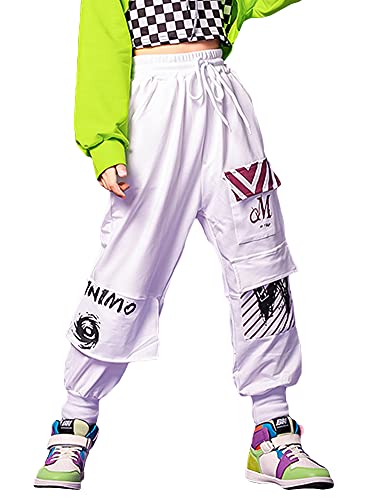 Rolanko Big Girls Jogger Pants Loose Kids Athletic Sweatpants Drawstring Hip Hop Street Dance Trousers (White, 12-14) #TOP10