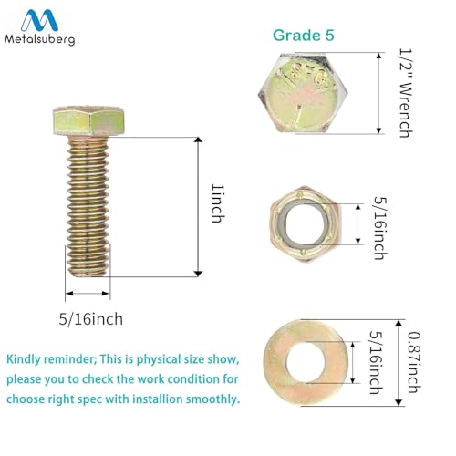 Image of 5 /16 inch x 1 inch Hex Head Bolt by Color Galvanization with Nylon Lock nut and Large Size Washer Assortment Kit,Alloy Steel,Grade 5.(8pcs Pack),by Metalsuberg