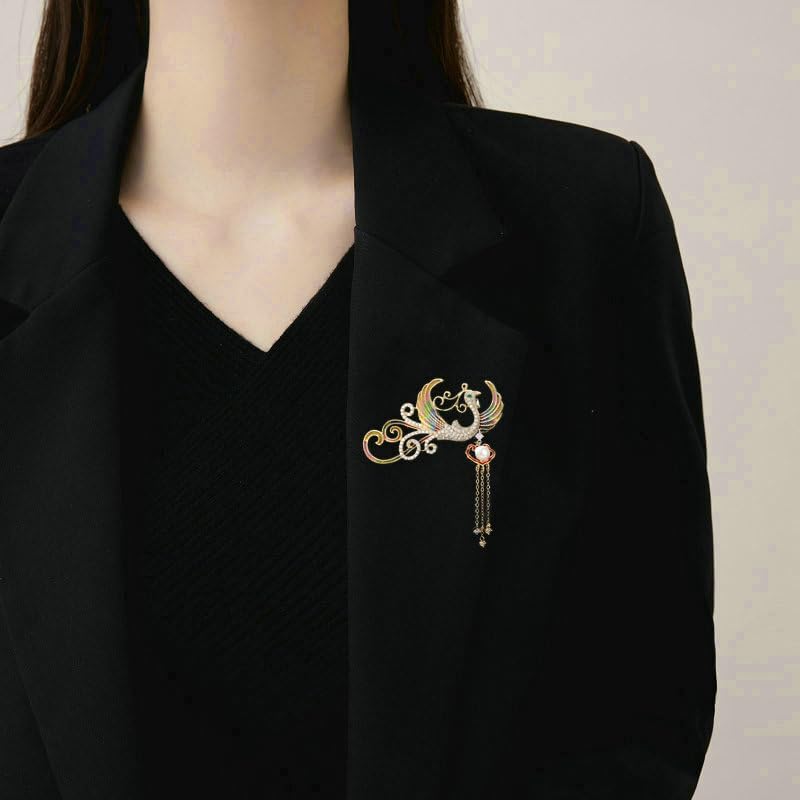 Image of Exquisite 14K Gold Phoenix Brooch for Women, Inlaid with Moissanite and Premium Gemstones, Ideal Luxury Gift for Holidays and Special Occasions