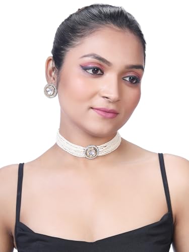 Image of ASMITTA Jewellery White Kundan Pearl Choker Necklace Set for Women with Earrings Bridal Jewellery Set for Wedding & Traditional
