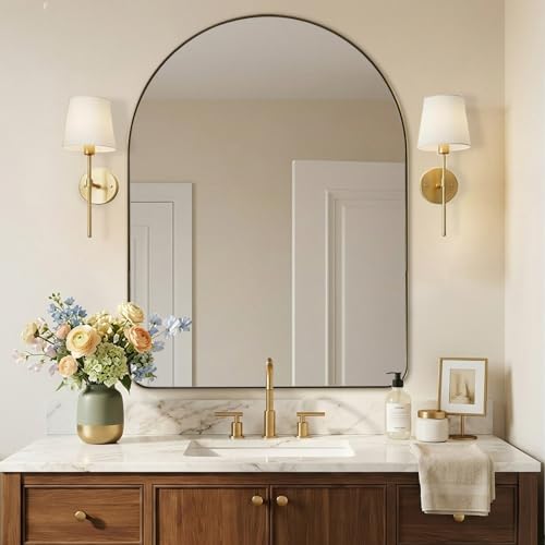 Image of ANDY STAR Arched Mirror, 36 x 48 Inch Brushed Gold Wall Mirror in Stainless Steel Metal Frame, Arch Top Rounded Corner 1 Inch Deep Set Design Wall Mount Hangs Vertical