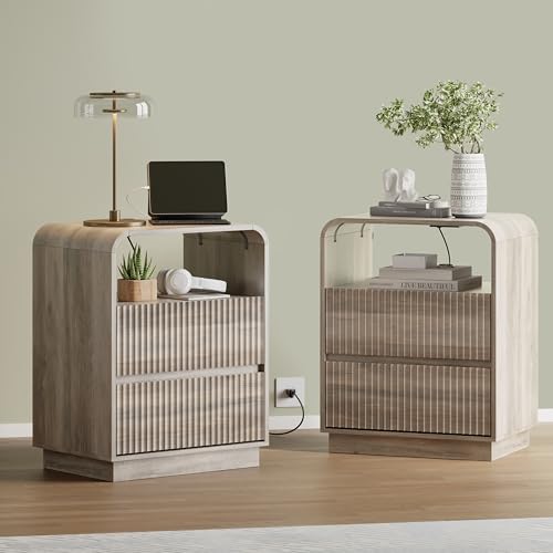 Image of Wodeer Grey Nightstand with Charging Station, Mid Century Modern Bedside Table & End Table, Fluted Wood Small Night Stand with 2 Hidden Drawers and Storage Shelf for Bedroom, Gray