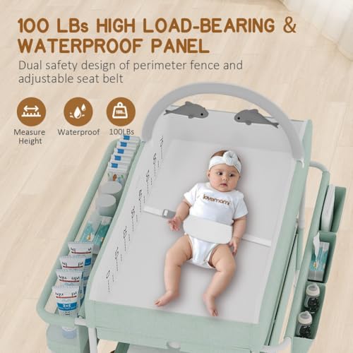Image of Diaper Changing Station, Portable Changing Table for Baby, Diaper Changing Table with Storage Drawers, Waterproof Baby Changing Station with Wheels and Adjustable Height for Newborn Infant (Green)