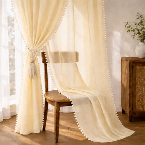 Image of THE Linen Company Cotton Linen Curtain, Butter Cream, 7.5 Feet | Solid, Rod Pocket, Light Filtering Fabric, Modern Home Decor