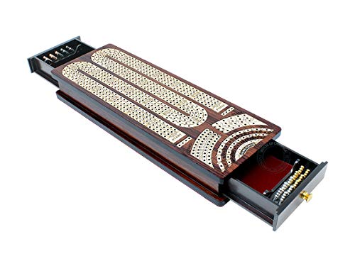 Tablero y caja de cribbage continuo House of Cribbage, incrustado en palisandro y arce: 4 pistas, cajones laterales con campos para marcar skunks, esquinas y partidas ganadas miniatura 3