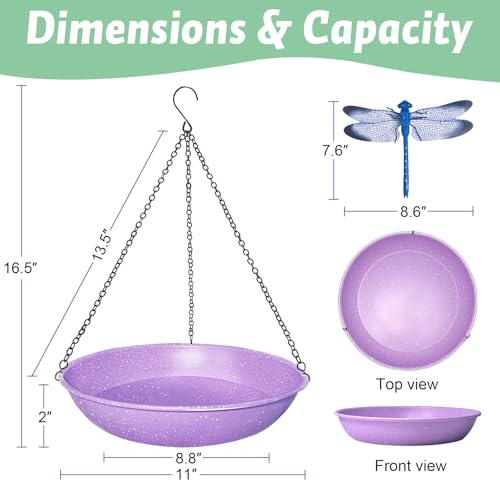 Image of 11 Inch Purple Speckled Metal Hanging Outdoor Bird Bath Bowl | Dual-use bird feeder & water basin with magnetic dragonfly decor for backyard and patio decoration
