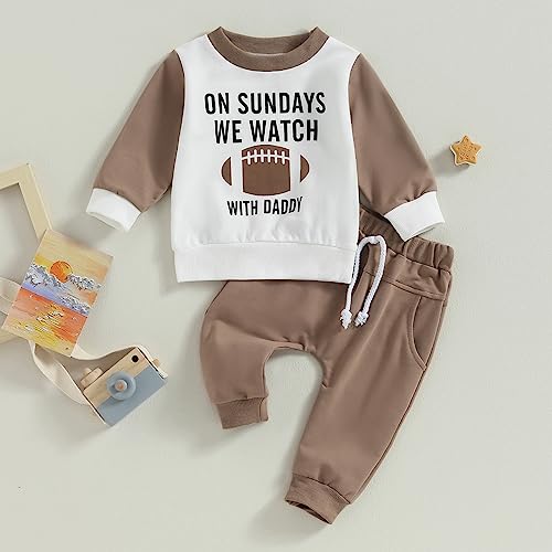 Karuedoo Toddler Baby Boy Football Outfit On Sundays We Watch Football with Daddy Sweatshirt Pants Set Fall Winter Clothes (White Coffee, 18-24 Months)2