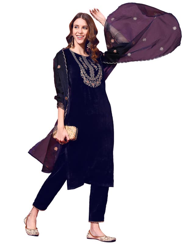 Image of SIRIL Women's Velvet Embroidery Straight Kurta Pant with Dupatta