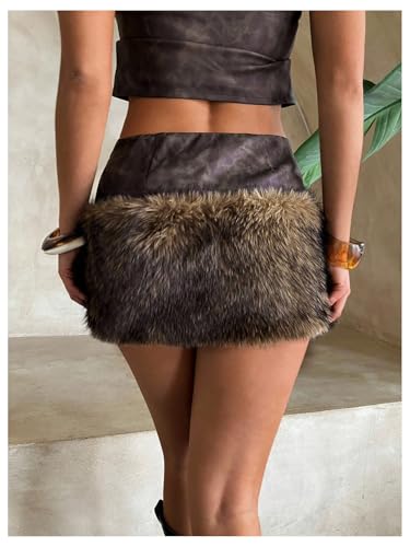 MakeMeChic Women's PU Leather Fuzzy Mini Skirt Low Waisted Faux Fur Bodycon Y2K Skirts3