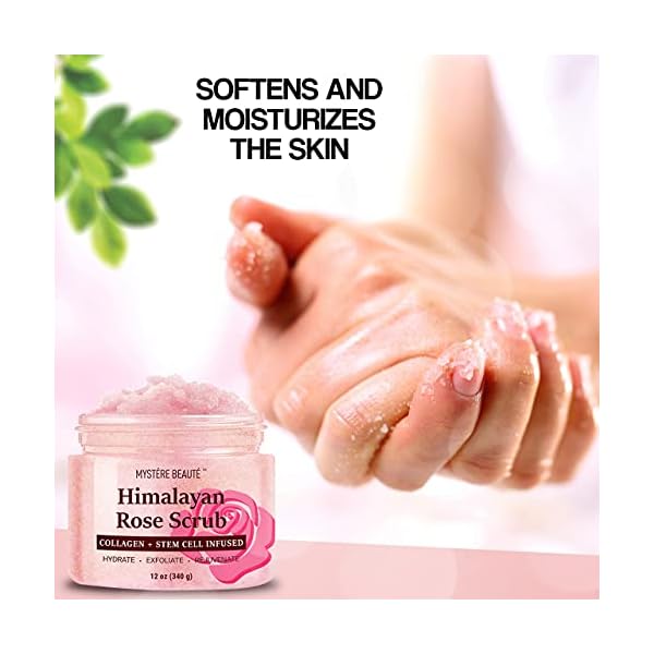 Mystere-Beaute-Himalayan-Salt-Body-Scrub-Infused-with-Collagen-and-Stem-Cell-Exfoliating-Salt-Scrub-with-Rose-and-Mica-Deep-Cleansing-Scrub-for-Acne-Scars-Wrinkles-Exfoliates-and-Moisturizes-Skin-12-o MYSTÃRE BEAUTÃ Himalayan Salt Body Scrub 12 oz - with Collagen and Stem Cells - Exfoliating Salt Scrub for Cellulite - Deep Cleansing for Acne, Scars, Wrinkles - Moisturizes Skin