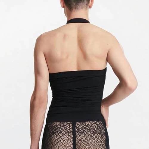 Cambkatl Men's Knit Sleeveless Tank Tops Sexy Cut Out Asymmetrical Skew Neck Halter Clubwear Ves Shirts4