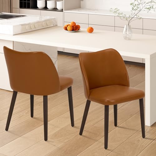 Image of Wooden Dining Chairs Set of 2, Upholstered Kitchen Dining Room Chair, Modern Faux Leather Farmhouse Dinner Chair for Restaurant & Cafe, Light Brown
