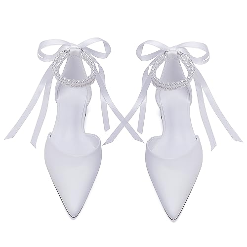 Closed Toe Pearl Wedding Flats Shoes for Bride with Bow Pointed Toe Bridal Flats Evening Prom Party Dress Shoes Pumps for Women2