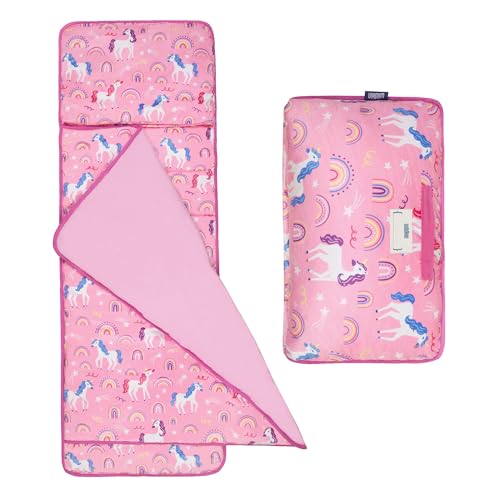 Image of Wildkin Kids Velour Nap Mat for Girls - Soft & Cozy Toddler Sleep Mat with Built-in Blanket for Daycare, Preschool, Kindergarten & Travel, Ages 3-7, Machine Washable - Rainbow Unicorns