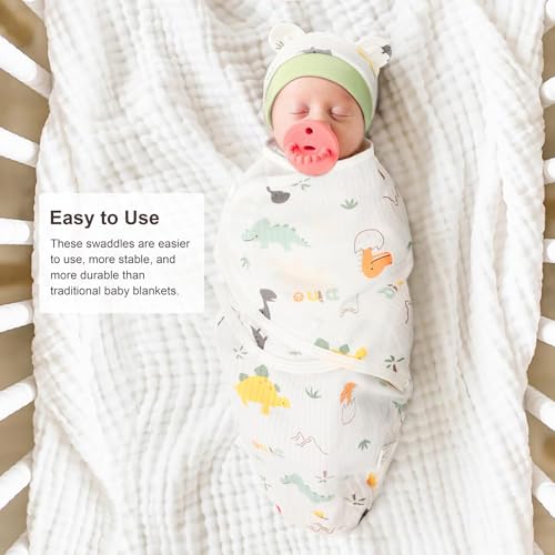 Image of DRESHOW BQUBO 3 Pack Newborn Baby Swaddle Blanket with Hats Infant Adjustable Velcro Swaddling Wraps with Bear Ears Cap for 6-12 Lbs Newborns & 0-3 Months Girls Boys